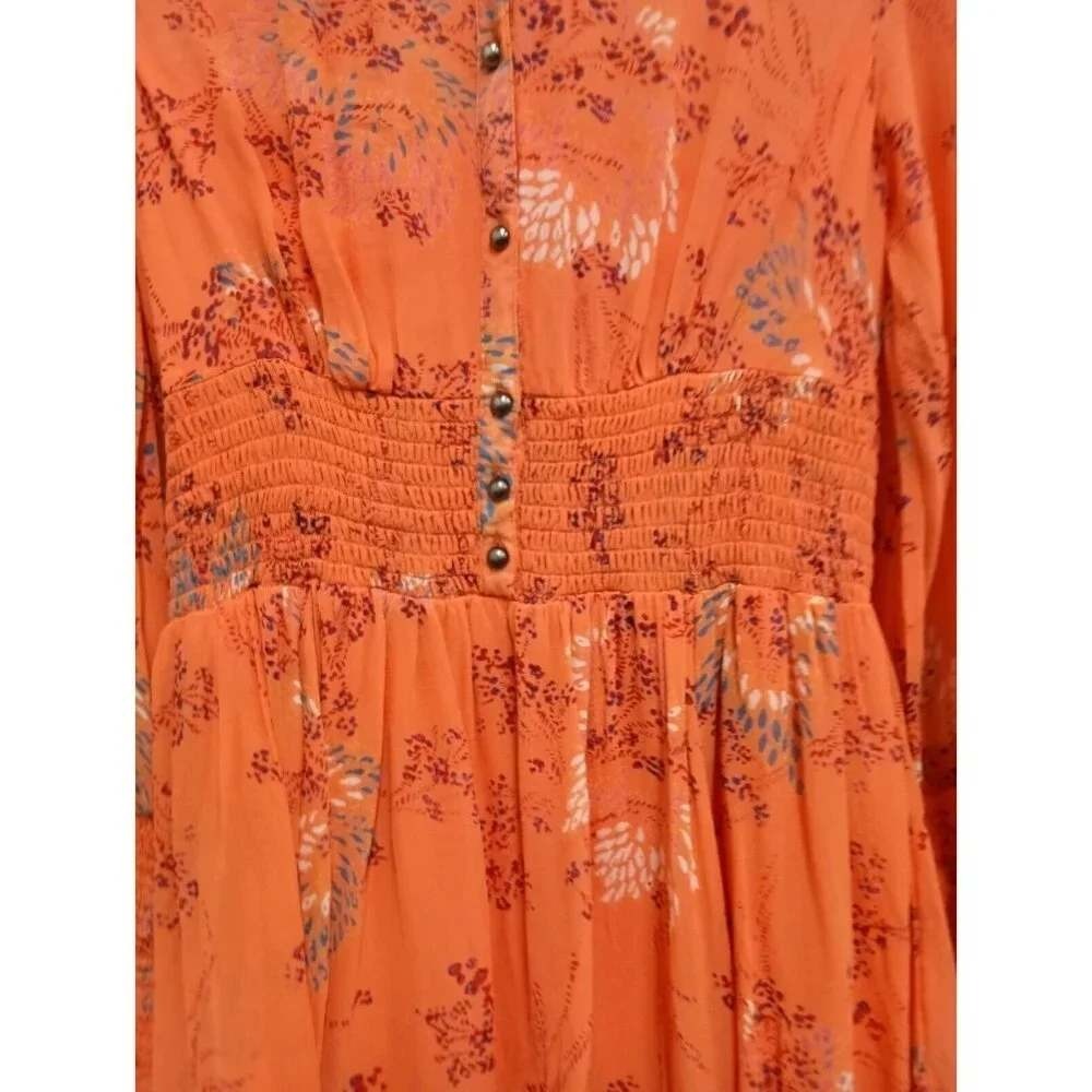 Free People Mini Dress Womens Small Orange Floral Boho Smocked Waist Long Sleeve - Picture 10 of 10